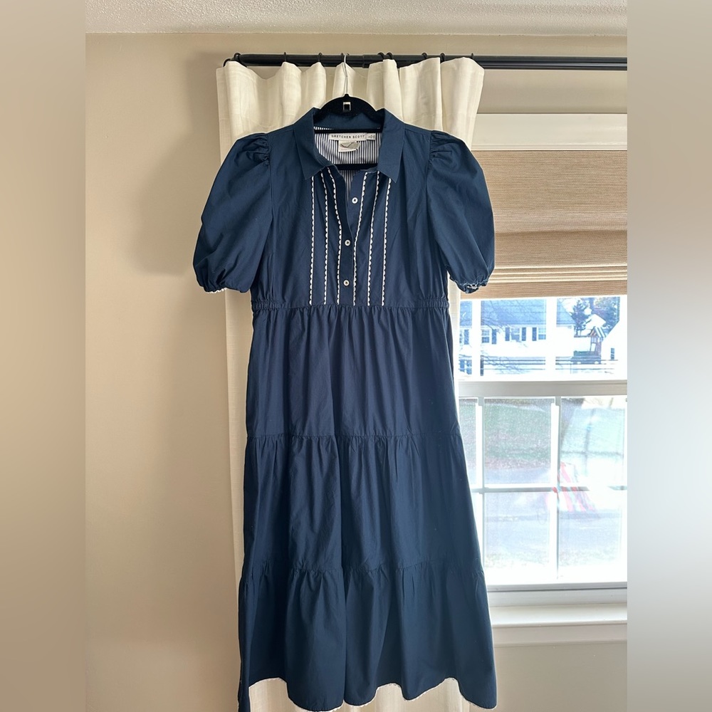 Gretchen Scott Navy dress with Ric Rac trim